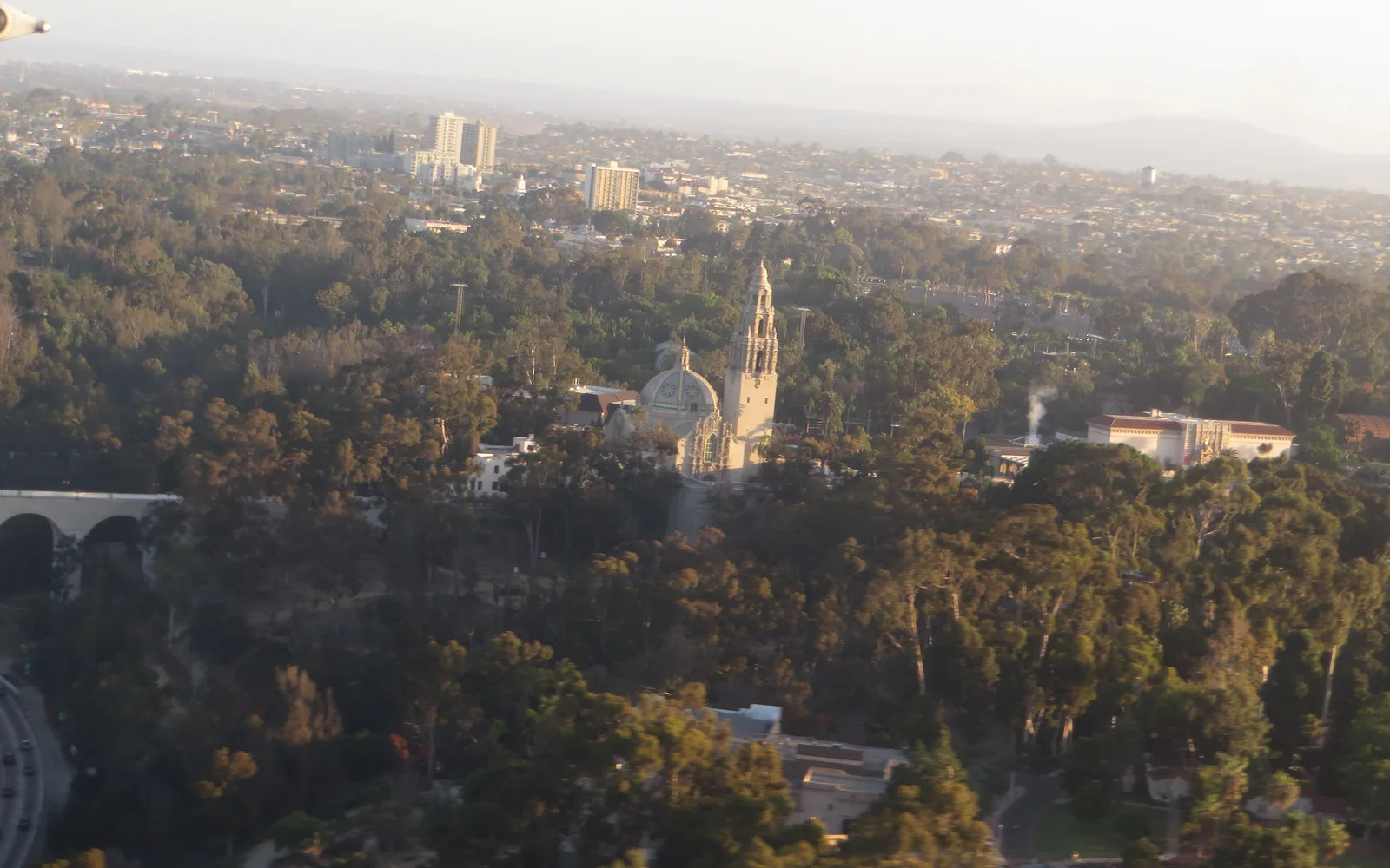 Aerial view of Balboa Park in San Diego, California with cultural buildings and landscaped areas